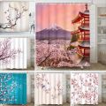 Pink Sakura Flowers Shower Curtains Japanese Cherry Blossoms Trees Floral Rustic Garden Landscape Fabric Print Bathroom Decor.