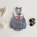Korean-style summer baby girl cherry embroidered plaid sleeveless jumpsuit, baby girl comfortable and cute sleeveless jumpsuit w. 