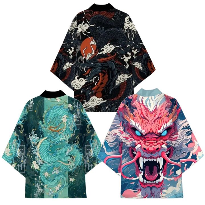 Men Chinese Dragon Pattern Green Japanese Kimono Cardigan Summer Haori Dragon Print Jacket Streetwear Traditional Japanese Coat