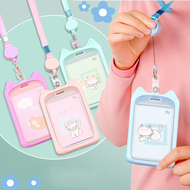 Cat Ear Card Holder+Retractable Reel Lanyard,Work ID Card Holder Campus Card Neck Lanyard Badge Holder Protective Cover