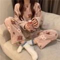 Autumn Winter Warm Flannel Fleecing Women's Pajamas Sets Coral Velvet Long Sleeve Cartoon Sleepwear Pants Sets Flannel Homewear. 