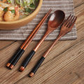 3 PCs Japanese style wooden spoon Fork chopsticks set of 3 PCs long handle adult portable spoon Fork tableware. 