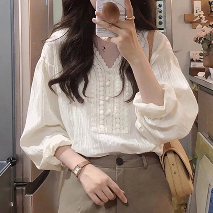 Women's Cotton Long Lantern Sleeve Blouse, White Tops, Office Lady, Elegant, Spring, Summer, V-neck, Fashion 8225