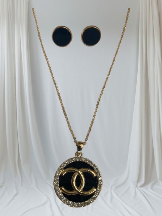 Chanel Design Necklace With Black EarStud Complete Set High Quality