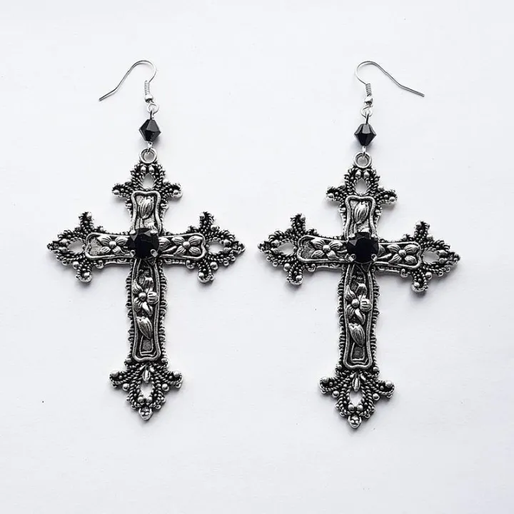 Goth%20Large%20Detailed%20Cross%20Black%20Drill%20Jewel%20Earrings%20Silver%20Color%20Gothic%20Punk%20Jewellery%20Fashion%20Gorgeous%20Statement%20Women%20Gift%20-%20Image%205