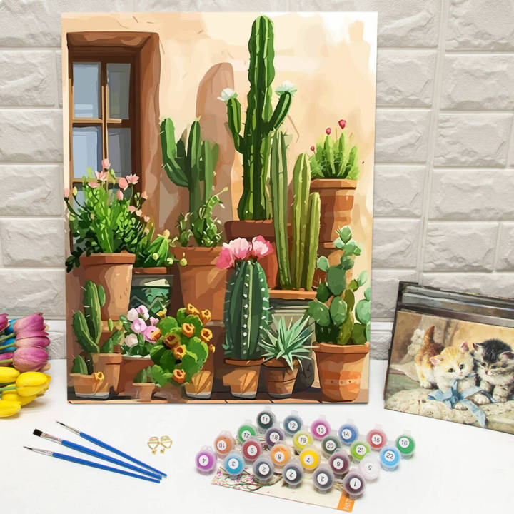 DIY Digital Oil Painting Cactus Plant Paint By Number Adult Kit Window ...