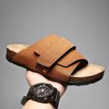 Cork Slippers Men Summer Beach Slides Suede Leather Womens Flat Sandals Fashionable Outdoor Male Mules Non Slip Babouche Femm. 