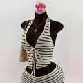 Summer Seaside Beach Vacation Style Knitted Lace up Slim Fit Halterneck Vest Half-Length Shorts Two-Piece Set for Women  sty. 