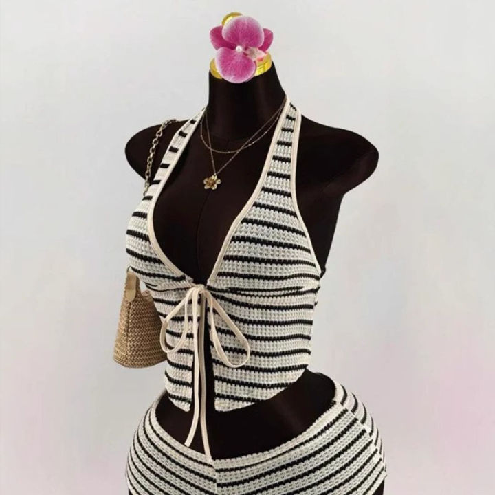 Summer%20Seaside%20Beach%20Vacation%20Style%20Knitted%20Lace%20up%20Slim%20Fit%20Halterneck%20Vest%20Half-Length%20Shorts%20Two-Piece%20Set%20for%20Women%20%20sty%20-%20Image%203