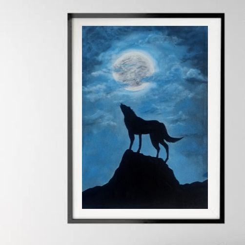 Wolf barking in the moonlight Acrylic Painting  2 by 3 ft