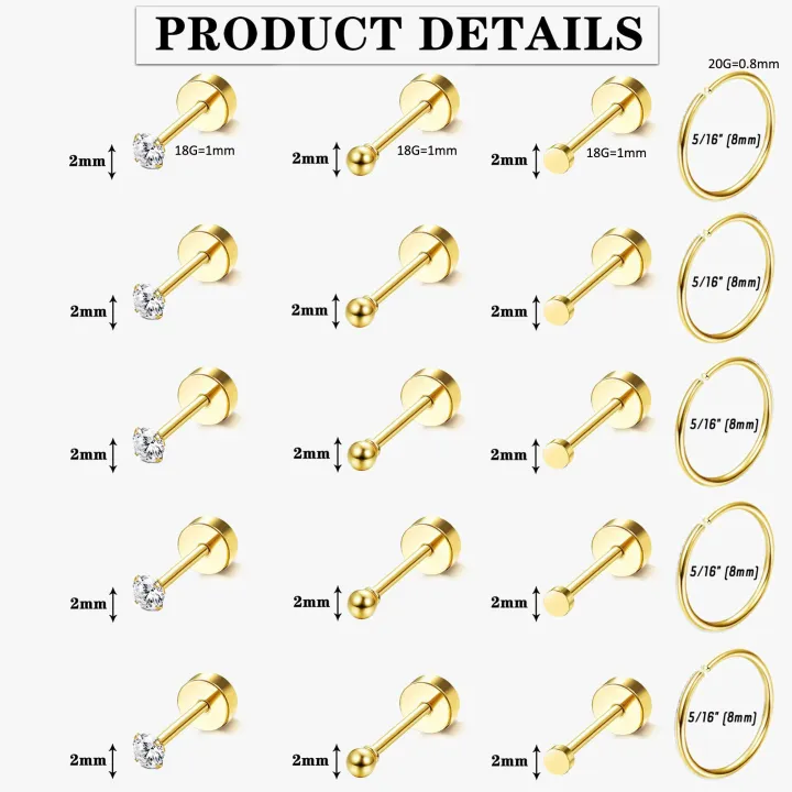 2pcs%20Tiny%20Surgical%20Stainless%20Steel%202mm%20Small%20CZ%20Dot%20Ball%20Flat%20Screw%20Back%20Stud%20Earrings%20Ear%20Piercing%20Hoop%20Jewelry%20Set%20-%20Image%205
