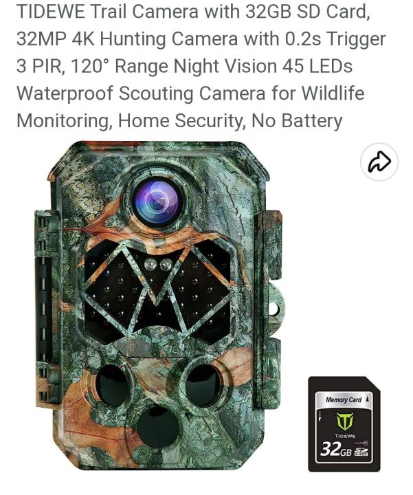 Trail Camera with 32GB SD Card, 32MP 4K Camera with 0.2s  120° Range Night Vision 45 LEDs Waterproof Scouting Camera for Wildlife Monitoring, Home Security, No Battery