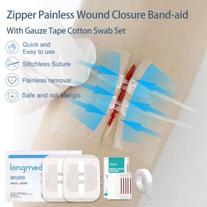 2Pcs Zipper Painless Wound Closure Band-aid With Gauze Tape Cotton Swab ...