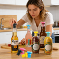 Reusable colorful silicone bottle stoppers, 5 pieces per set, multi-purpose wine bottle sealing caps for home and kitchen use. 