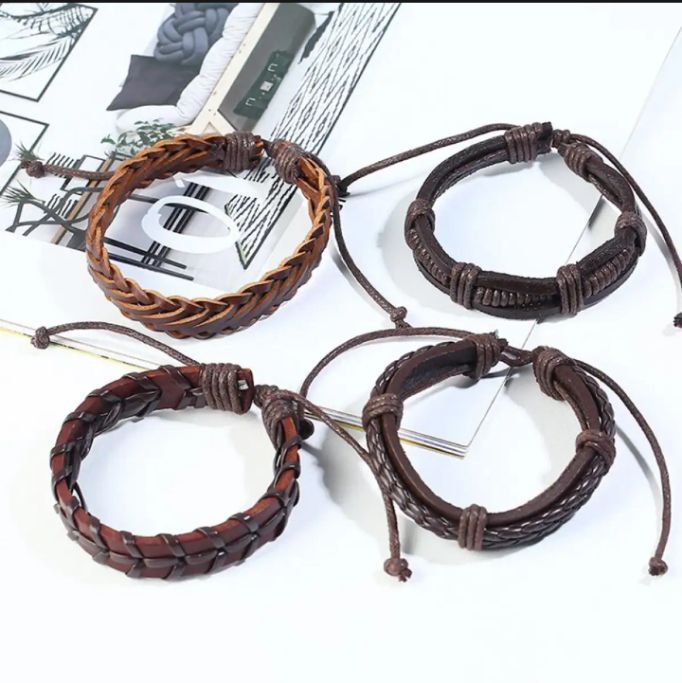Pack Of 4 - Dark Dual Colours Leather Bracelets/Bangles Premium Quality Adjustable Wrist Size For Kens And Women's