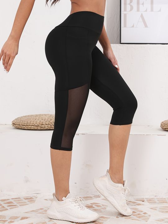 Women's%20Mesh%20Splicing%20With%20Pockets%20High%20Waist%20Yoga%20Pants%20Capri%20Tummy%20Tuck%20Exercise%20Leggings%20-%20Image%203