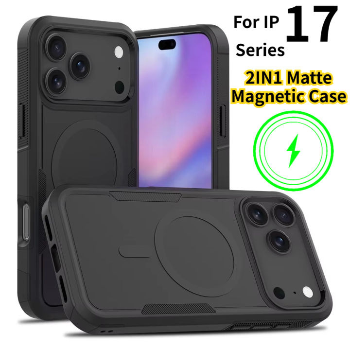Premium 2IN1 Heavy Armor Magnetic Charging Case for IPhone 17 Air 16 15 14 Plus 13 12 Pro Max Shockproof PC Matte Protect Cover