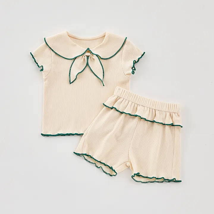 Summer%20Baby%20Girls%202-Piece%20Doll%20Neck%20Bow%20Short%20Sleeve%20Top%20+%20Shorts%20Casual%20Suit%20-%20Image%205