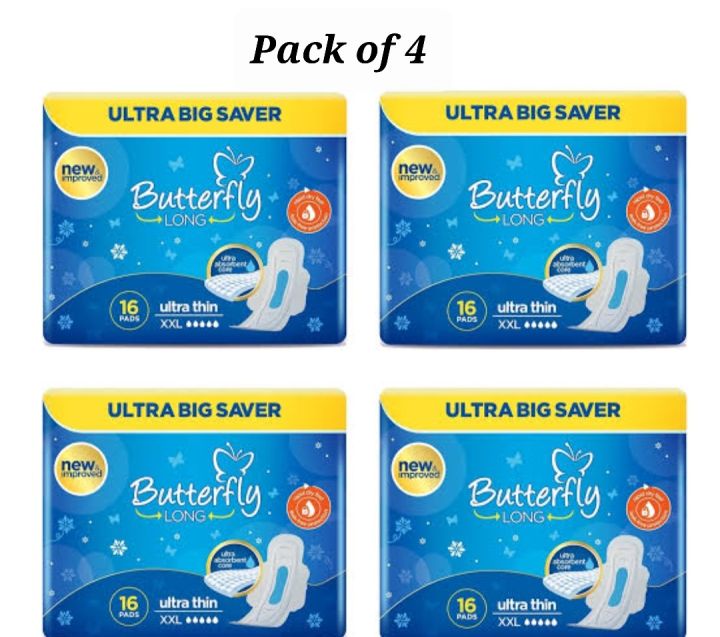 Butterfly Long Ultra Thin XXL Sanitary Pads - Pack of 4 (64 Pads Total) | Ultra Absorbent & Comfortable