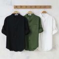 Loose Men Short Sleeve Summer Style Cotton Linen Stand Collar Five-Point Clothing Suitable Adults. 
