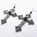 Goth Large Detailed Cross Black Drill Jewel Earrings Silver Color Gothic Punk Jewellery Fashion Gorgeous Statement Women Gift. 