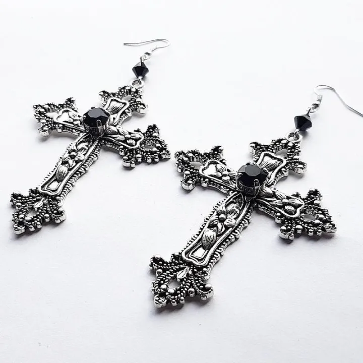 Goth%20Large%20Detailed%20Cross%20Black%20Drill%20Jewel%20Earrings%20Silver%20Color%20Gothic%20Punk%20Jewellery%20Fashion%20Gorgeous%20Statement%20Women%20Gift%20-%20Image%204