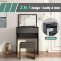 Vanity Dressing Table with Flip Top Mirror and Hidden Storage Box, Makeup Vanity Table Writing Desk with Cushioned Stool, Black/ white. 