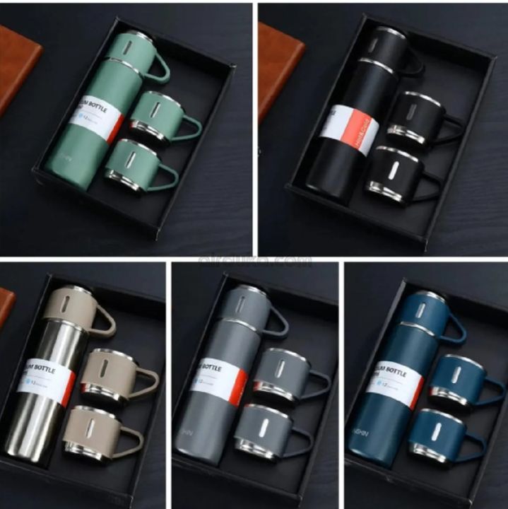 Steel Vacuum Flask Set with 3 Steel Cups Combo- 500ml - Keeps HOT/Cold Ideal - Housewarming