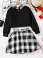 Girls Fashion Casual 2-Piece Set Black Lapel Long-Sleeved Letter Print Shirt Plaid Skirt Spring Autumn New. 