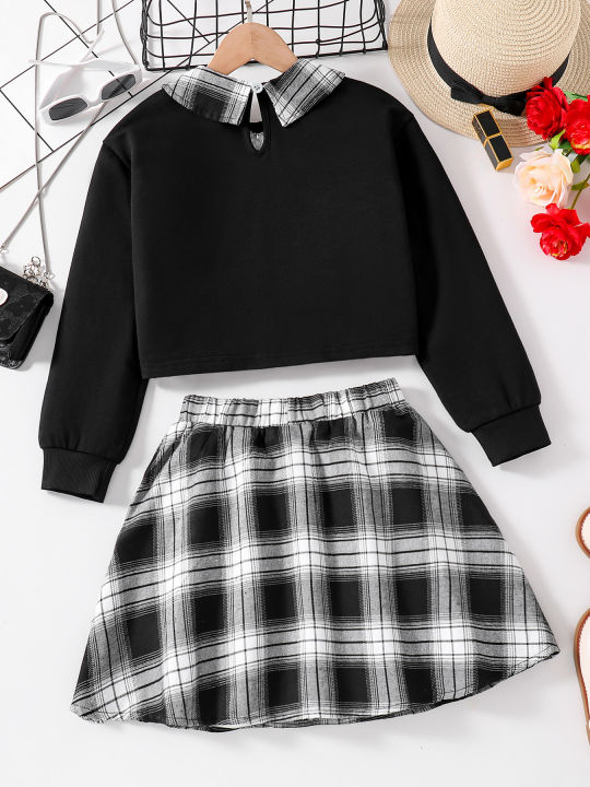 Girls%20Fashion%20Casual%202-Piece%20Set%20Black%20Lapel%20Long-Sleeved%20Letter%20Print%20Shirt%20Plaid%20Skirt%20Spring%20Autumn%20New%20-%20Image%203