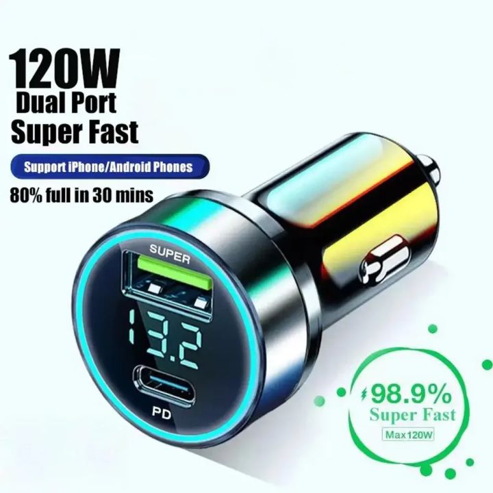120W USB Digital Display Car Charger Fast Charging 2 port USB PD Charger in Car PD Car Adapter For iPhone15 Car Lighter Splitter