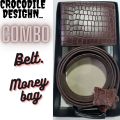 MODEL : NCC-02 Pure Cow Leather Stylish Crocodile Desighn Belt. Moneybag Combo  Soft Leather. 