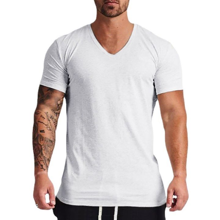 Solid%20Cotton%20V-Neck%20Short%20Sleeve%20Running%20T-Shirts%20Men%20Summer%20Gym%20T%20Shirt%20Fitness%20Clothing%20Slim%20Fit%20Bodybuilding%20Workout%20Tee%20Tops%20-%20Image%202