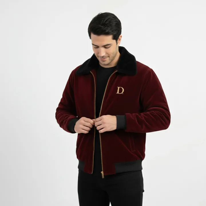 Men’s Velvet Winter Jacket with Black Fur Collar – Premium Warm ...