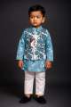 Boys Panjabi with Printed Waistcoat & White Payjama / Trouser – Kids 3 Piece Eid & Party Wear Set (White, Maroon, Light Indigo, Sky Floral). 