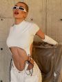 Short Sleeve Bodysuit, Mock Neck Women Y2k Clothes, Hollow Out One-Piece Body Feminino, Lace Up Club Outfits,  Lingerie. 
