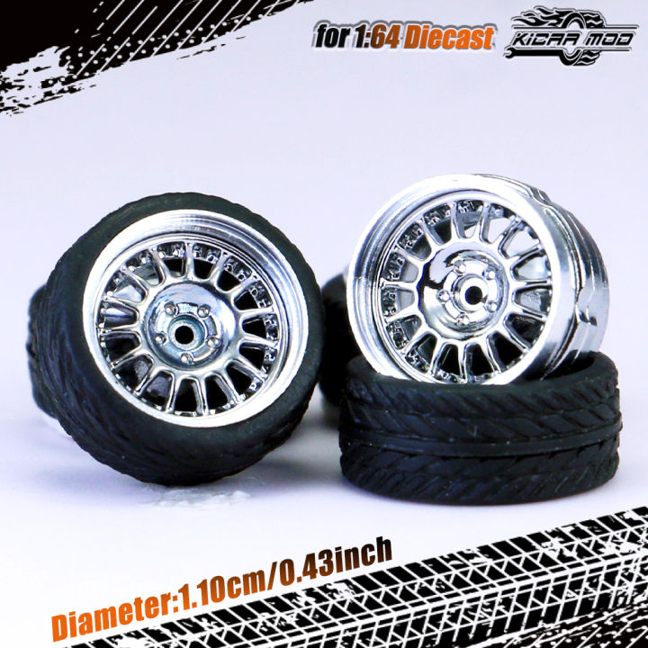 Kicarmod 1/64 Model Car ABS Wheels with Tire Rivet Axle Metal Rims Diameter 11mm Refitting Parts For Model Car MINIGT