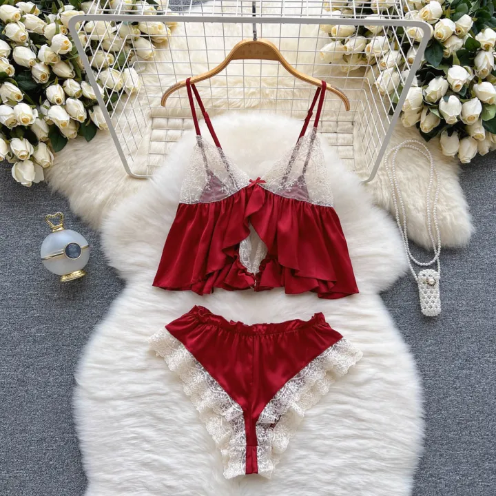 Women%20Halter%20Neck%20Backless%20Mini%20Dress%20V-Neck%20Contrast%20Color%20Lace%20Patchwork%20Hollow%20Dress%20%20Nurse%20Cosplay%20Uniform%20%20Lingerie%20-%20Image%205