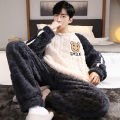 Autumn and Winter New Men's Coral Fleece Thermal Underwear Pajamas Homewear Suit Teenagers Thickened Facecloth Pajamas Homewear. 