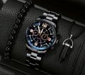 Luxury Black Stainless Steel Business Watch Deal For Men-Top Fashion Classic Round Dial Casual Watch+Natural Six Sided Oxyen Ston Nacklace+Black Natural Bead BracletFor Men/Boys Mens Fashion Watch Acessories Deal -Trendy Black Watch In Random Dial Design. 