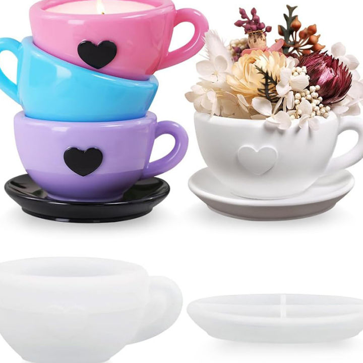 Creative Production of Love Coffee Cup and Coaster Set Candle Cup Pottery Mold Home Decoration Gypsum Concrete Silicone Mold