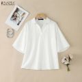 Women Summer Blouse 2026 ZANZEA Fashion Office OL Shirt Lapel Neck 3/4 Sleeve Solid Tunic Stylish Casual Cotton Work Tops Femme.