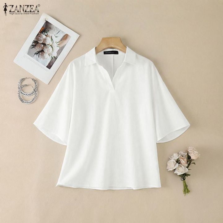 Women%20Summer%20Blouse%202026%20ZANZEA%20Fashion%20Office%20OL%20Shirt%20Lapel%20Neck%203/4%20Sleeve%20Solid%20Tunic%20Stylish%20Casual%20Cotton%20Work%20Tops%20Femme%20-%20Image%202