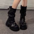New Design Women Biker Boots Platform Belt Buckle Women's Knee High Booties Harajuku Gladiator Y2K Punk Mid Pipe Booties Girls.