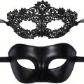 2pcs Elegant Black Lace Masquerade Mask Set for Couples - Perfect for Venetian Party, Mardi Gras, and Halloween Celebrations. 