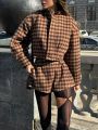 Cozy Grid Pattern Women Shorts Sets Lapel Long Sleeve Loose Single Breasted Ruffle Tops High Waist Pants New Fashion Outerwear.