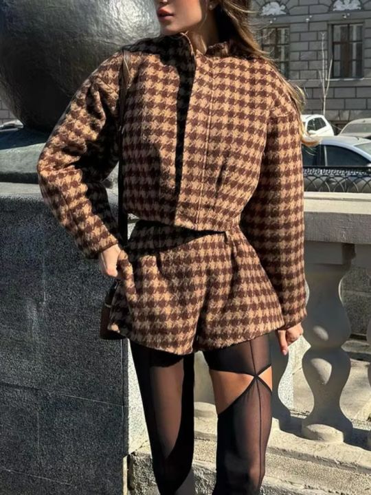 Cozy%20Grid%20Pattern%20Women%20Shorts%20Sets%20Lapel%20Long%20Sleeve%20Loose%20Single%20Breasted%20Ruffle%20Tops%20High%20Waist%20Pants%20New%20Fashion%20Outerwear%20-%20Image%204