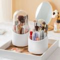 360° Rotating Makeup Brush Holder | Transparent Brush Organizer Box with Lid | Dust-Proof Vanity Desktop Bathroom Counter Cosmetic Accessory - White (1-Piece). 