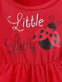 2025 Summer New Beetle Pattern Lace Short Sleeve Same Pattern Headband Dress. 