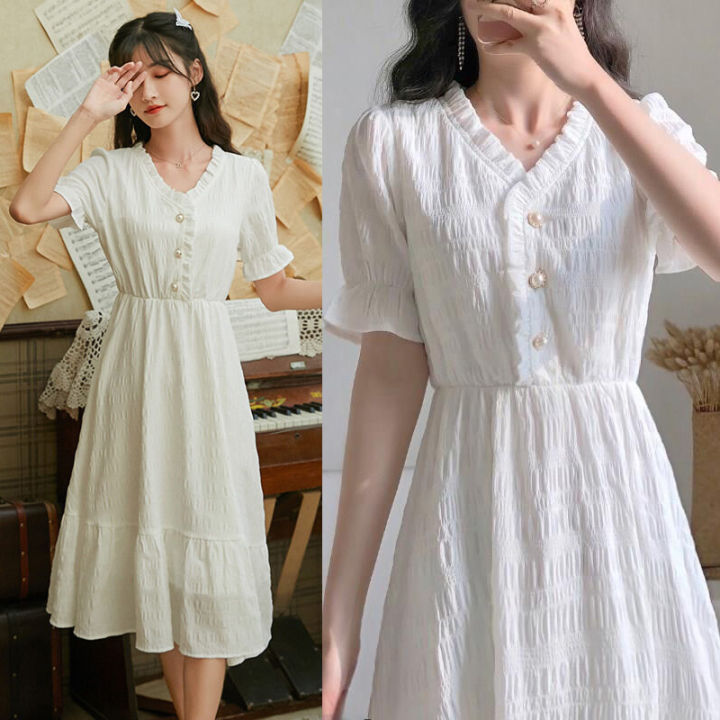 🌷 Dress 🌷 Women's Clothing, Cute Dresses, Korean Style Skirts Apricot Colored Wool Skirt, Bubble Sleeves, Black Bow.